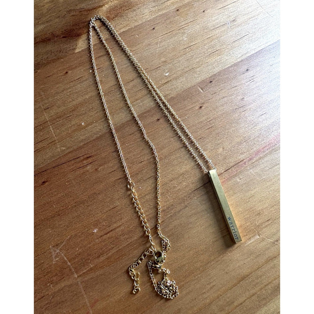 Gold Tone Engraved Warrior Bar Pendant Cable Chain Necklace Lobster Clasp